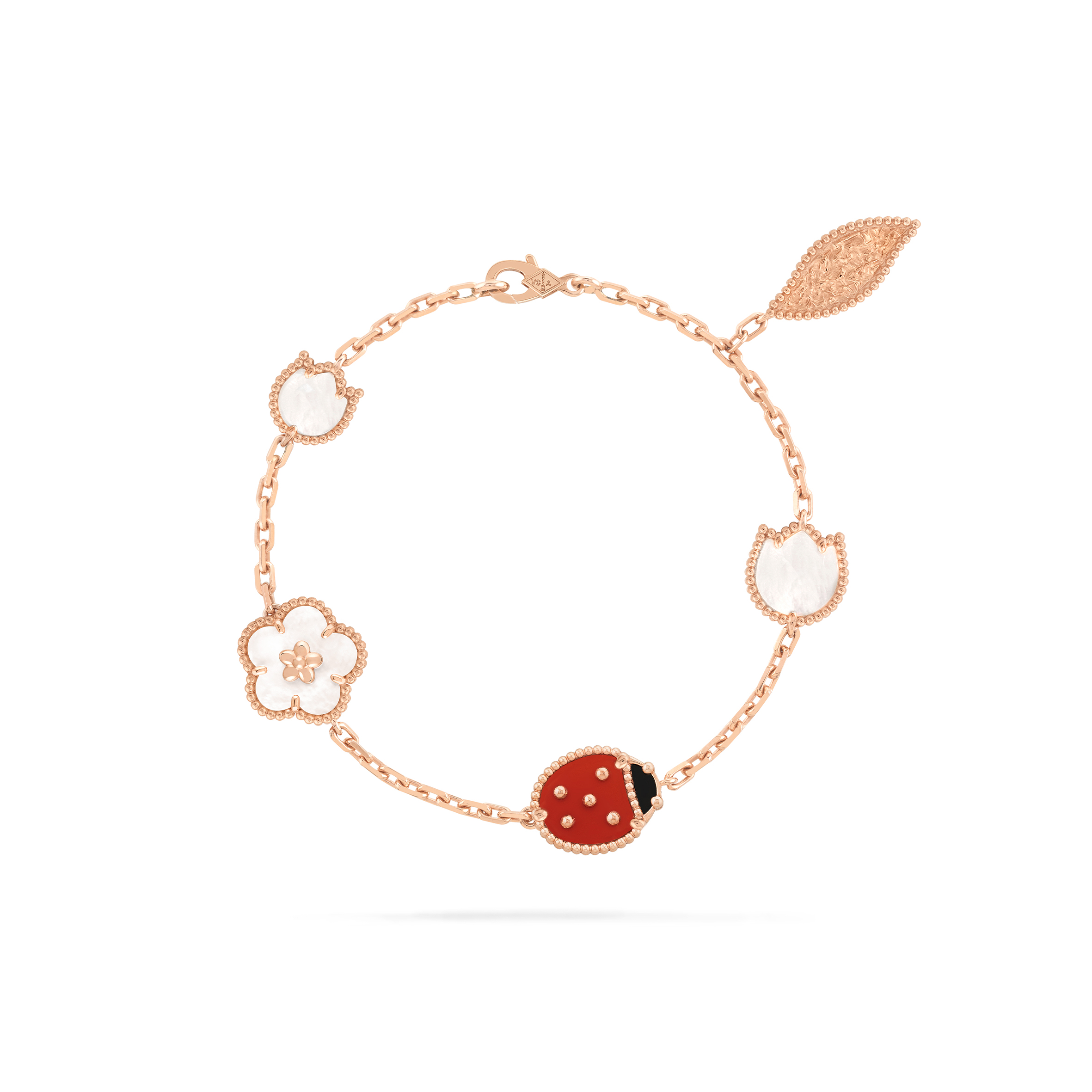 VAN CLEEF ARPELS LUCKY SPRING BRACELET, 5 MOTIFS - ROSE GOLD, CARNELIAN, MOTHER-OF-PEARL, ONYX  VCARP7RR00